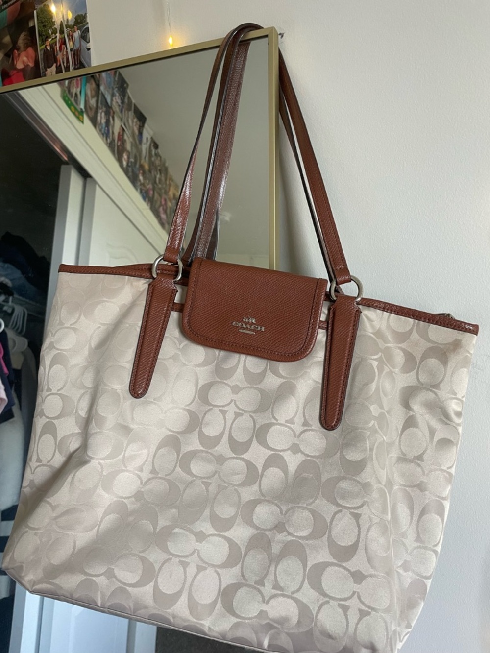 Coach Beige Signature Tote with Brown Leather Trim